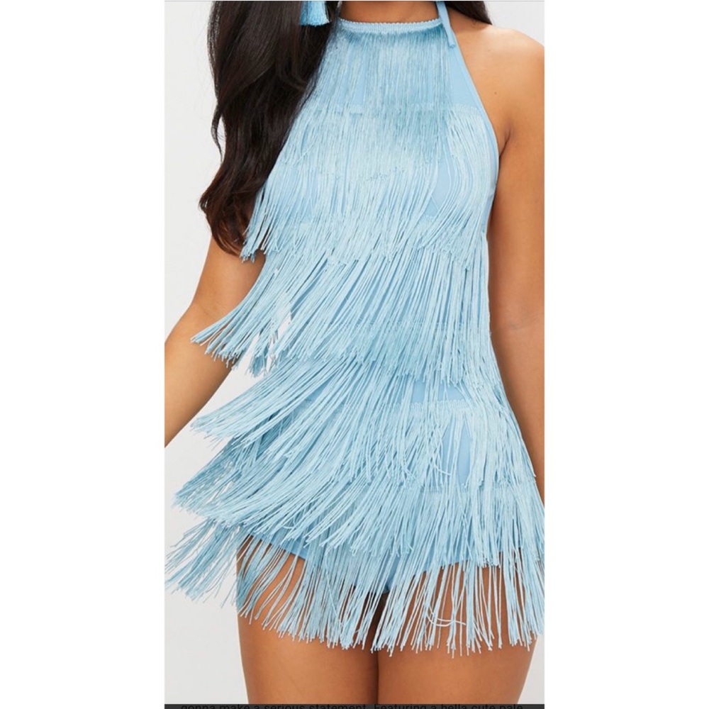 Light blue Fringe Romper , tie back , halter
